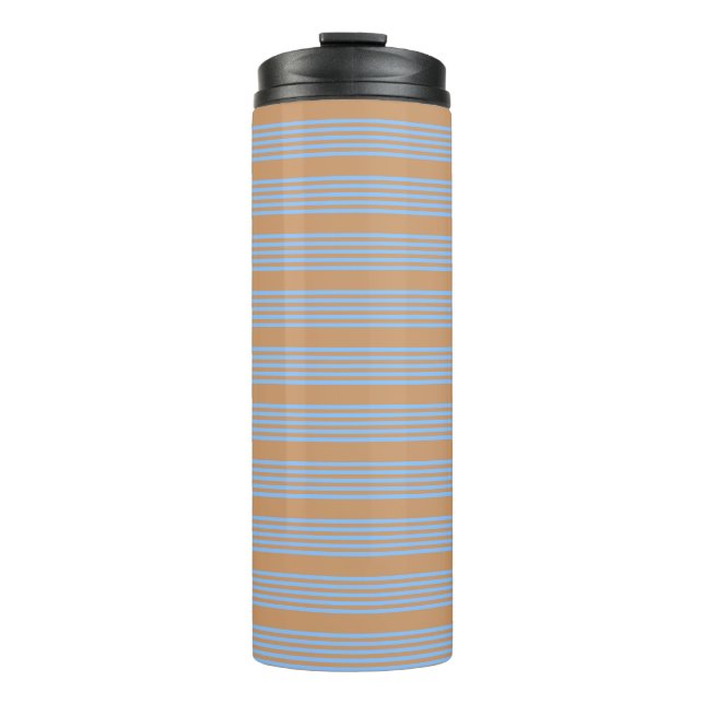 Blue and tan five stripe pattern thermal tumbler (Front)