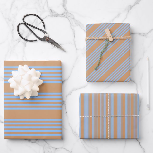 Blue and tan five stripe pattern wrapping paper sheet (Front)
