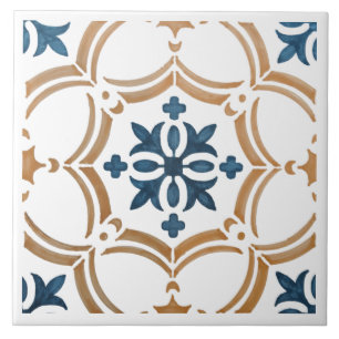 Blue and tan flourish ceramic tile
