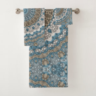 Blue and Tan Mandala Intricate Geometric Pattern Bath Towel Set