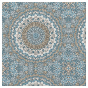 Blue and Tan Mandala Intricate Geometric Pattern Fabric