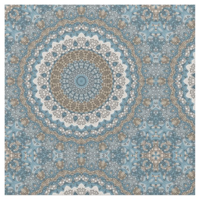 Blue and Tan Mandala Intricate Geometric Pattern Fabric (Close Up)