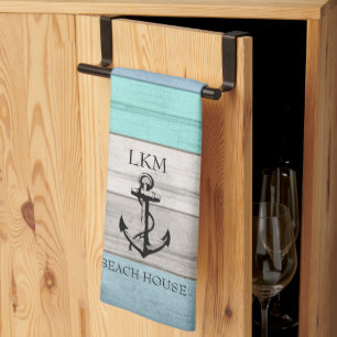 Blue and Tan Tones Wood Nautical - Monogram Tea Towel