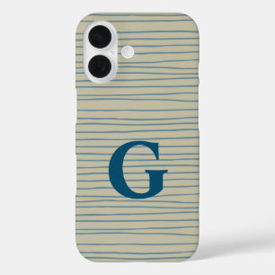 Blue and Taupe Abstract Lines Pattern Monogram  iPhone 16 Case