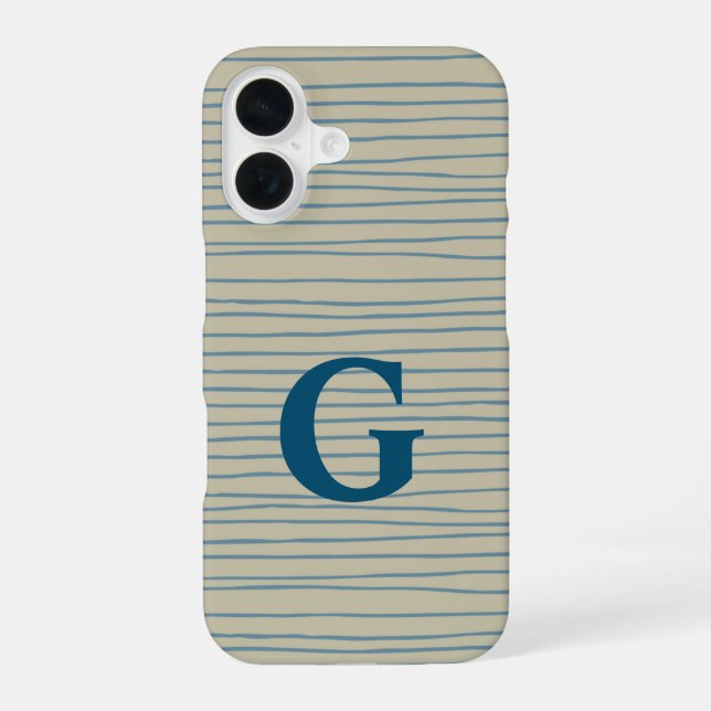 Blue and Taupe Abstract Lines Pattern Monogram  iPhone 16 Case (Back)