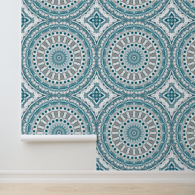 Blue and Taupe Mandala Pattern Design Wallpaper (Application)