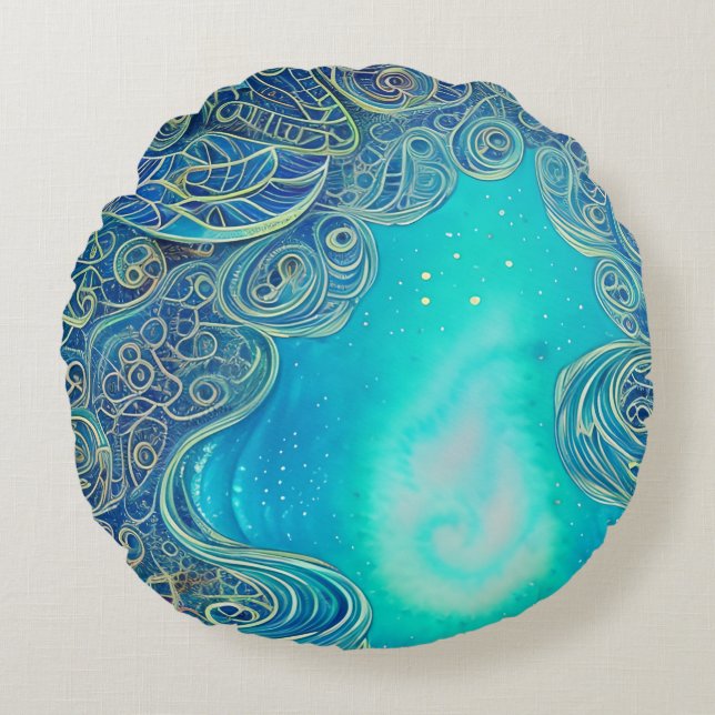 Blue and Teal Abstract Art Round Cushion (Front)