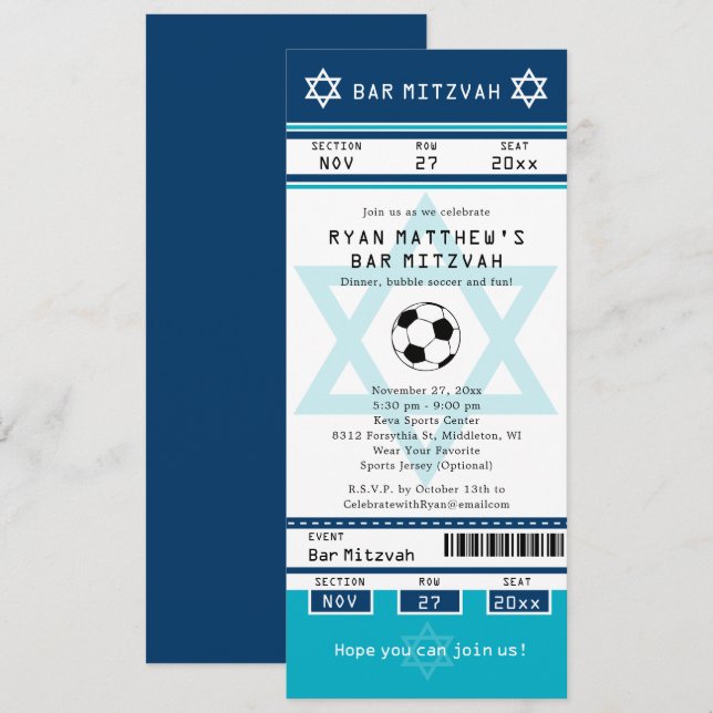 Blue and Teal Bar Mitzvah Soccer Ticket Invitation (Front/Back)