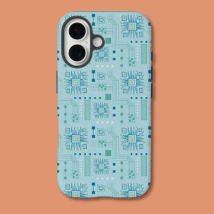 Blue and Teal Circuit Board Pattern iPhone 16 Case