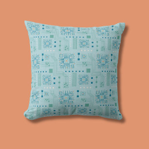 Blue and Teal Circuit Board Pattern Cushion