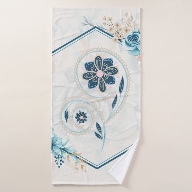 Blue and Teal Floral Graphic, "Revitalising Life" Bath Towel Set (Bath Towel)