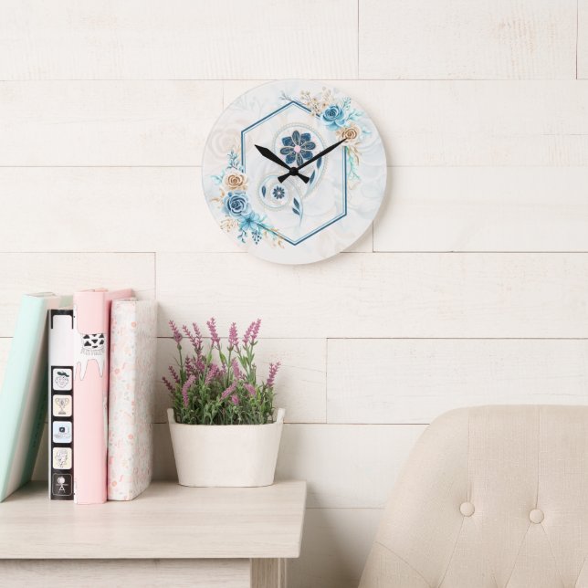 Blue and Teal Floral Graphic, "Revitalising Life" Large Clock (Reading Room)
