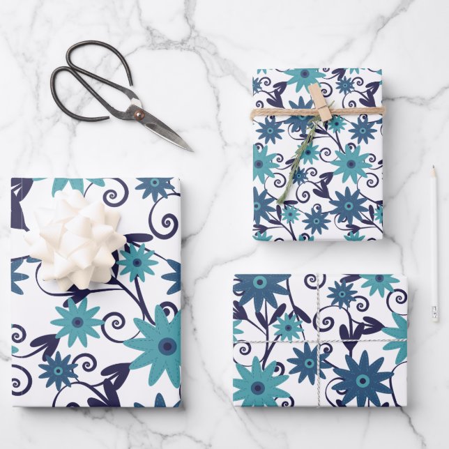 Blue And Teal Floral Pattern Wrapping Paper Sheet (Front)