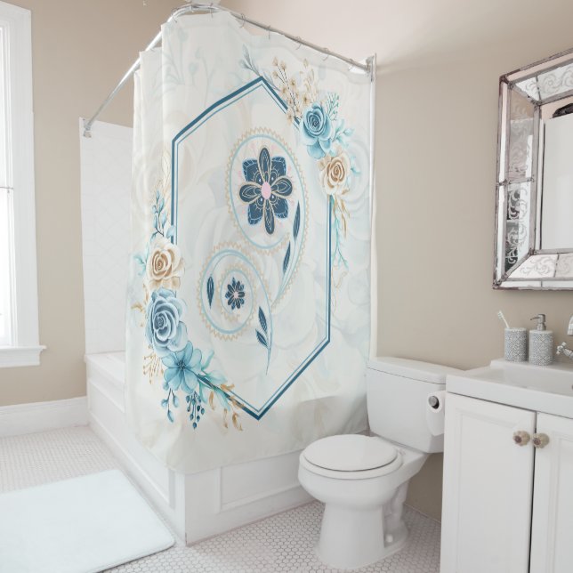 Blue and Teal Graphic, "Revitalising Life", Floral Shower Curtain (In Situ)