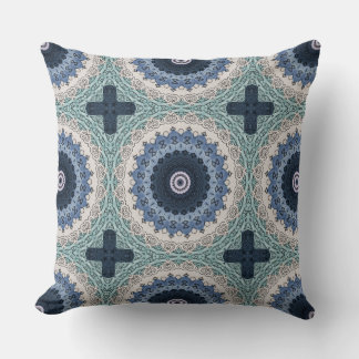 Blue and Teal Mandala with Geometric Symmetry Cushion