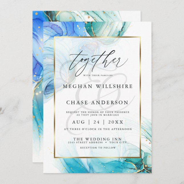 Blue and Teal Marble Alcohol Ink Splash  Invitation (Front/Back)
