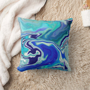 Blue and Teal Marble Waves Cushion