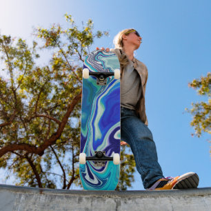 Blue and Teal Marble Waves  Skateboard