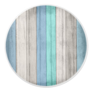 Blue and Teal Nautical Beach Wood Stripes Ceramic Knob
