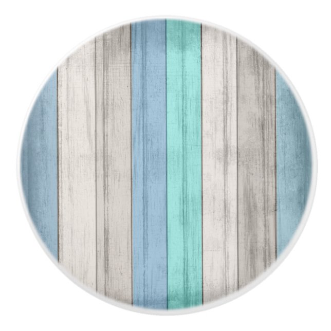 Blue and Teal Nautical Beach Wood Stripes Ceramic Knob (Front)
