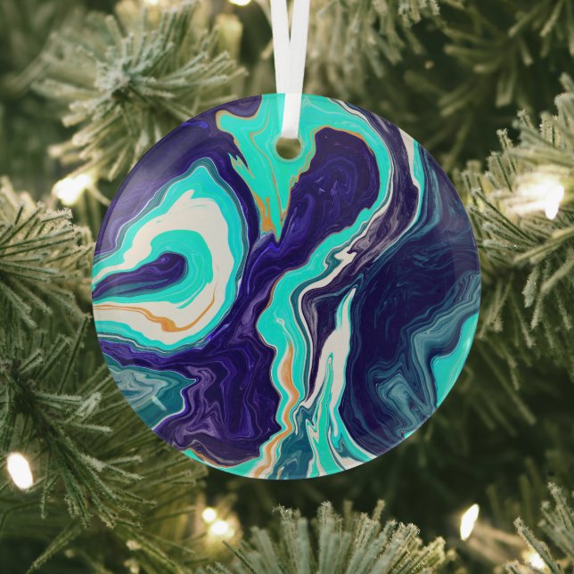 Blue and Teal Ocean Swirls Fluid Art Glass Tree Decoration (Insitu)