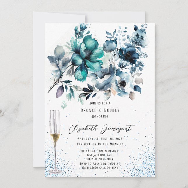 Blue and Teal Peony Glitter Brunch & Bubbly Invitation (Front)