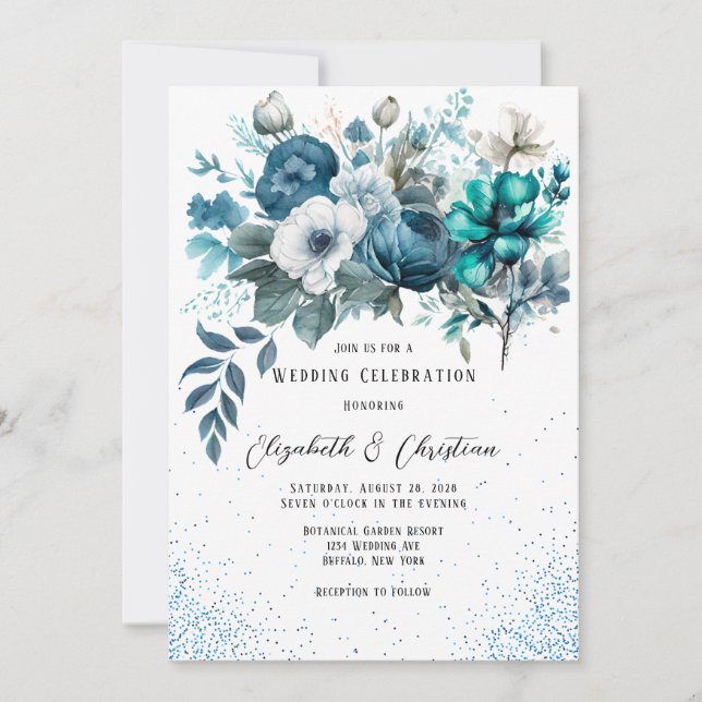 Blue and Teal Peony Glitter Wedding Invitation (Front)