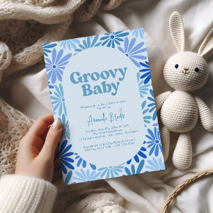 Blue and Teal Retro Floral Groovy Baby Shower Invitation