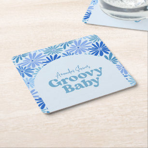 Blue and Teal Retro Floral Groovy Baby Shower  Square Paper Coaster