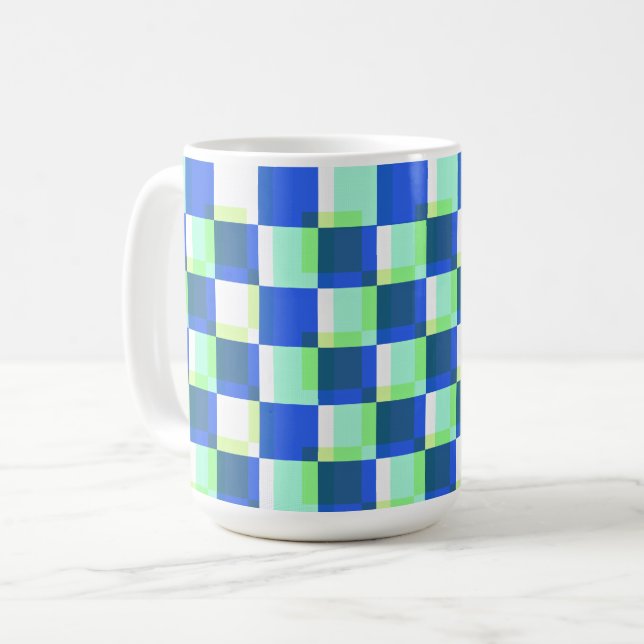 Blue and Teal Retro Square Art Mug Cup (Front Left)