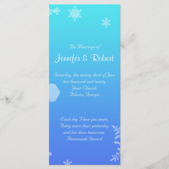 Blue and Teal Snowflake Posh Wedding Program (Front)