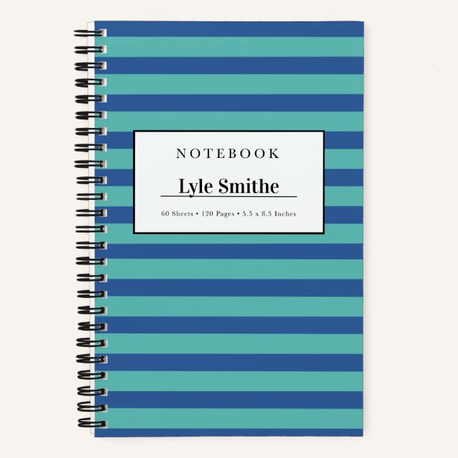 Blue And Teal Striped Personalised Notebook (Front)