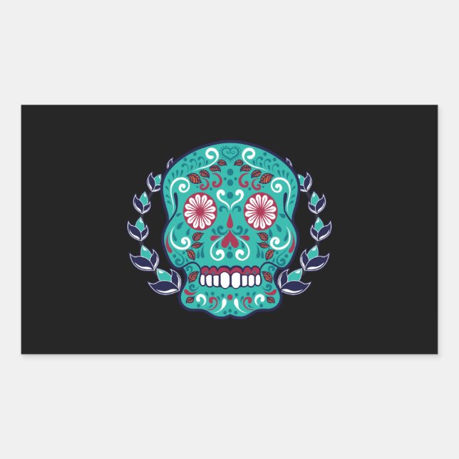 Blue and Teal Sugar Skull Laurel Leaf Rectangular Sticker (Front)