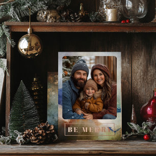 Blue and Terracota Watercolor Rose Gold Foil Holiday Card