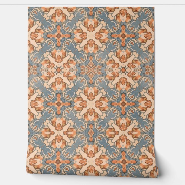 Blue and Terracotta Floral Art Nouveau Wallpaper (Unrolling)