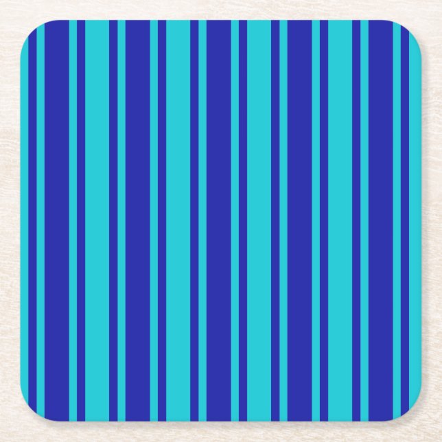 Blue and turquoise candy stripes square paper coaster (Front)
