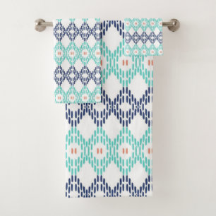 Blue and turquoise ikat wave pattern with coral ac bath towel set