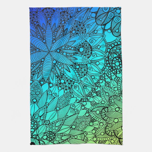 Blue and Turquoise Mandala Pattern Tea Towel (Vertical)