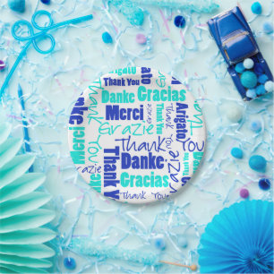 Blue and Turquoise Multilingual Thank You Paper Plate