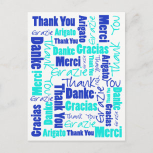 Blue and Turquoise Multilingual Thank You Postcard