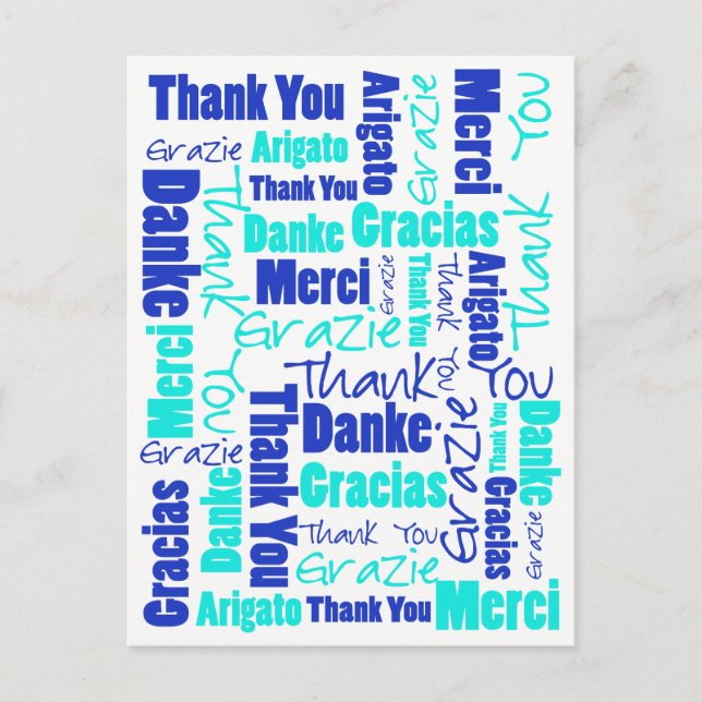 Blue and Turquoise Multilingual Thank You Postcard (Front)
