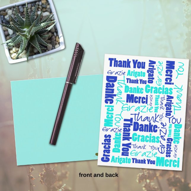 Blue and Turquoise Multilingual Thank You Postcard (Front multilingual blue and turquoise thank you typography postcard.)