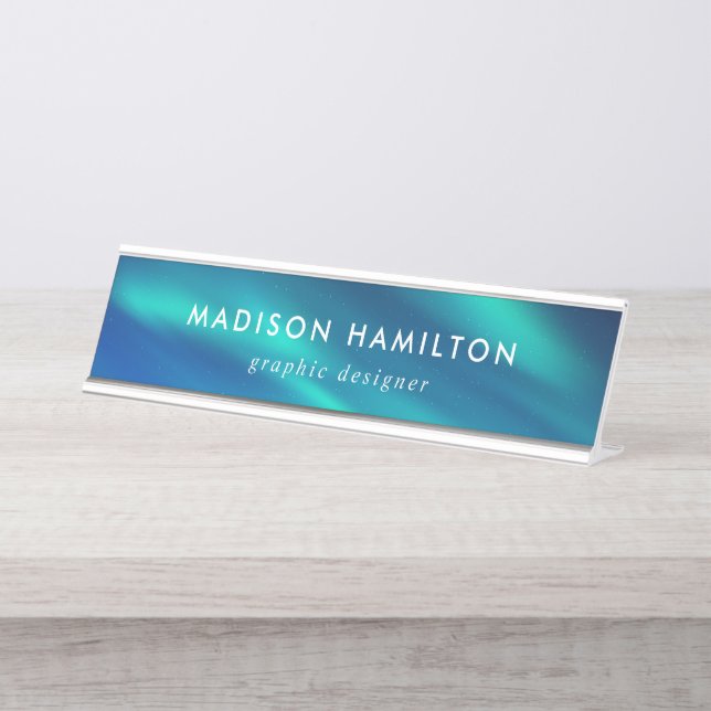 Blue and Turquoise Northern Lights Desk Name Plate (Front)