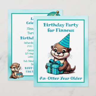 Blue and Turquoise Otter Boy's Birthday Party Invitation