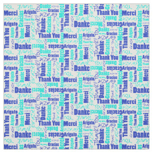 Blue and Turquoise Thank You Word Cloud Fabric