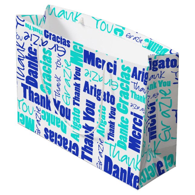 Blue and Turquoise Thank You Word Cloud Large Gift Bag (Back Angled)