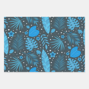 Blue and Turquoise Tropical Palm Monstera Leaves   Wrapping Paper Sheet