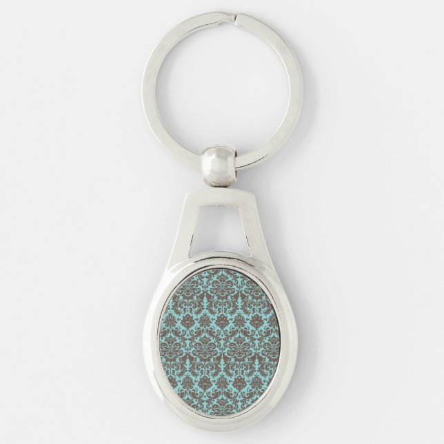 Blue and Umber Elegant Damask Pattern Key Ring (Front)