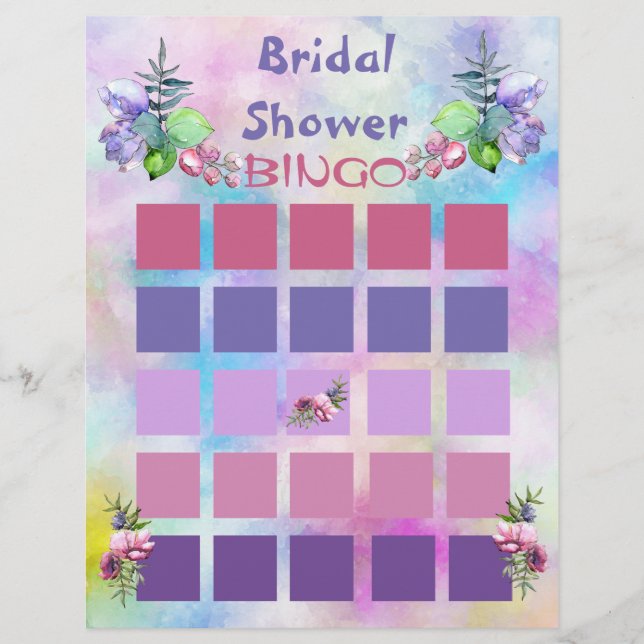 Blue and  Watercolor Flowers Bridal Shower Bingo Flyer (Front)
