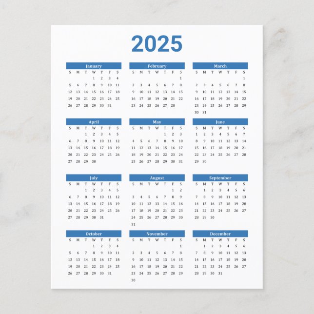 Blue and White 2025 Yearly Calendar Paper Sheet (Front)